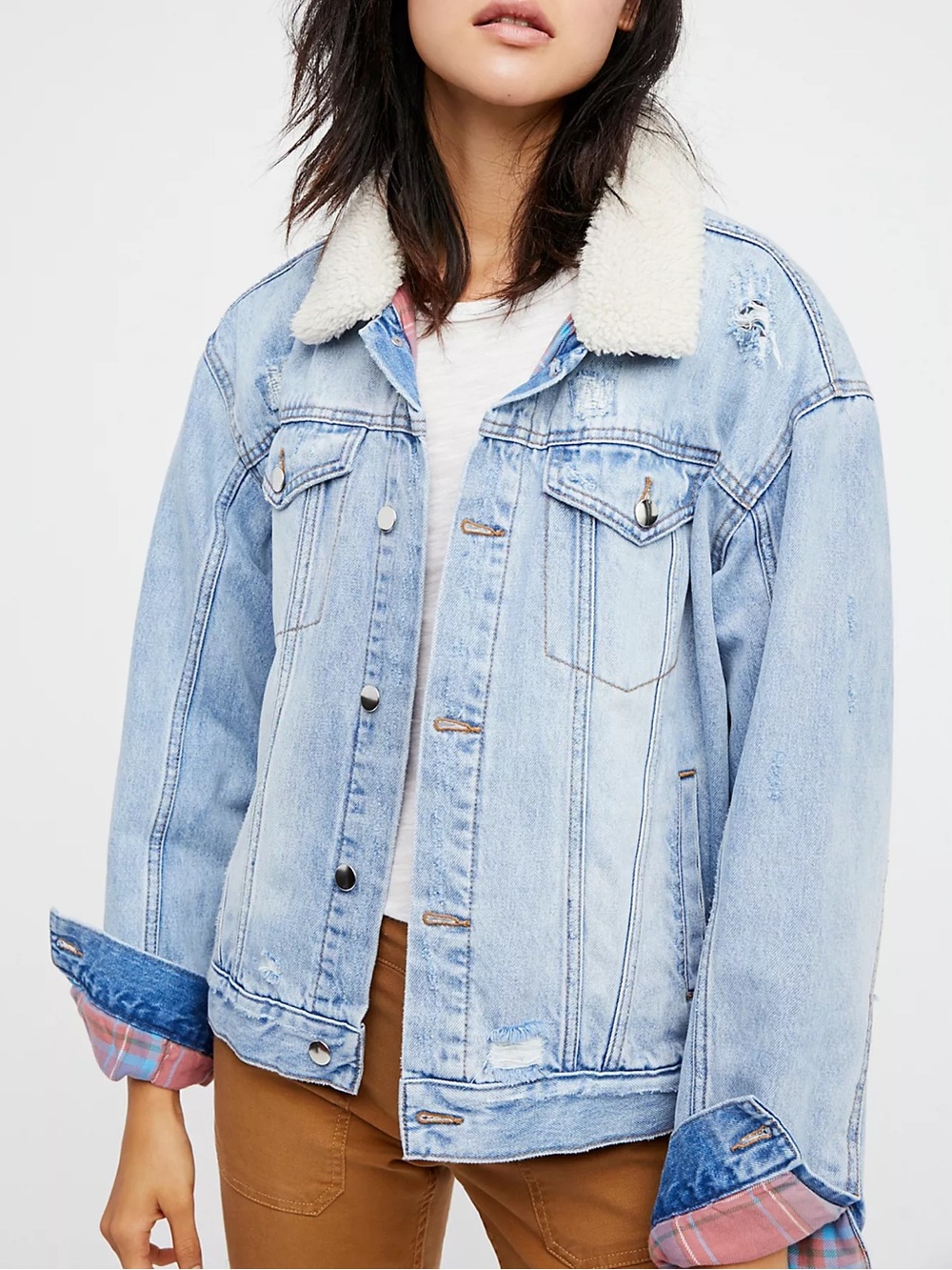 Free People Light Blue Denim Sherpa Collar Jacket